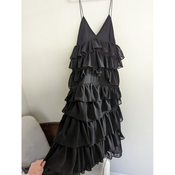 ZARA WOMAN STRAPPY RUFFLED MIDI LONG TIER DRESS BLACK  REF: 8777/830 S,M,L - Picture 8 of 12